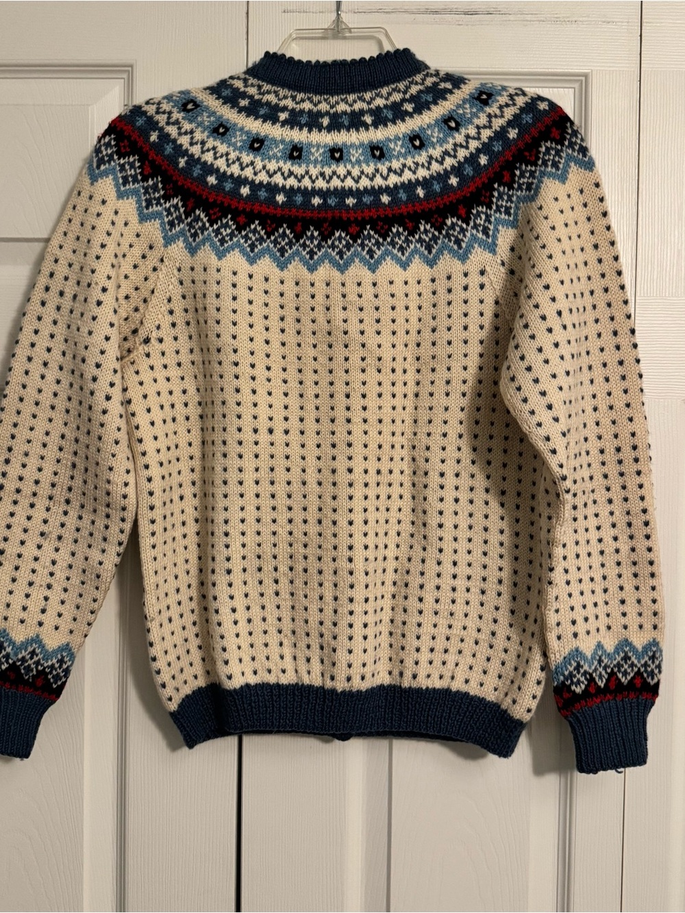 VTG Norwegian Norsk Husflid Fair Isle Wool Cardigan - Cream, Navy, Blue & Red - Picture 8 of 12